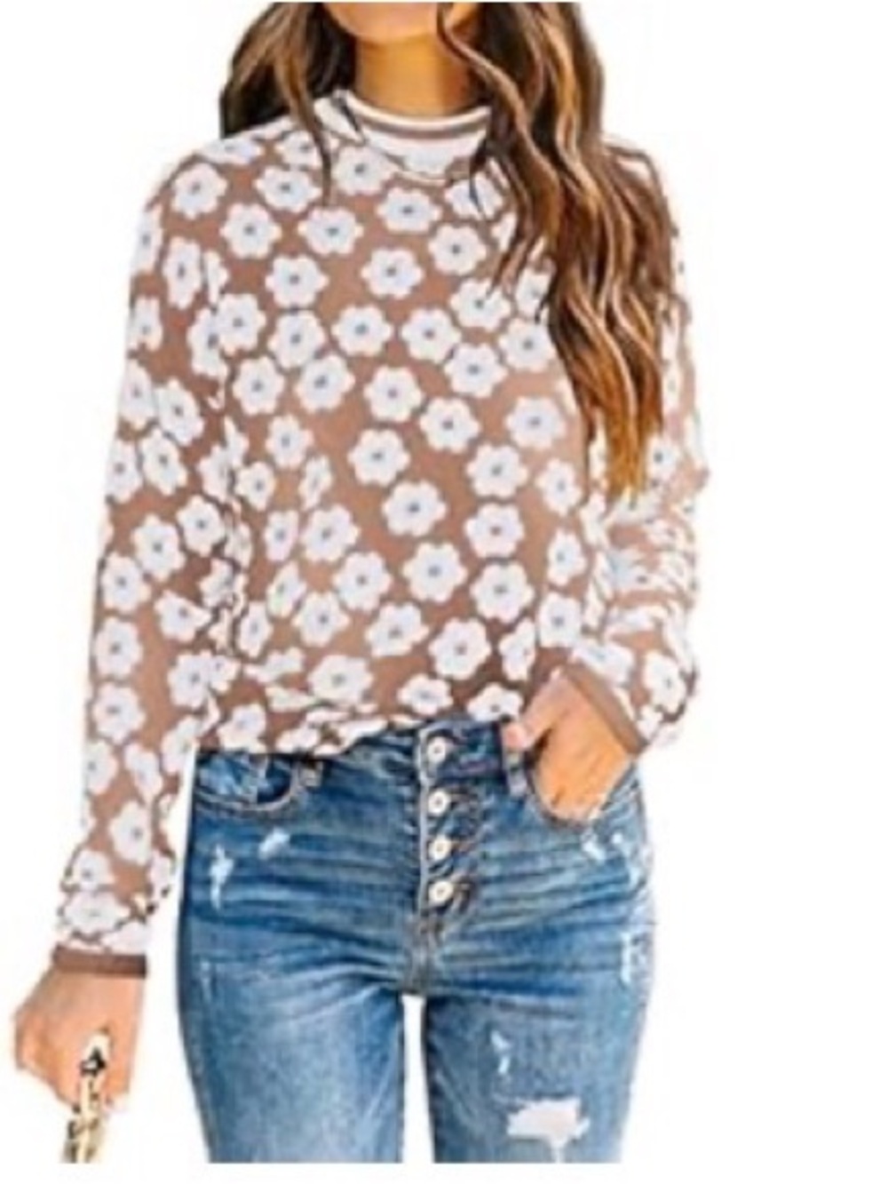 Pretty Garden Women's Floral Knit Sweater - Cream Floral on Tan (M)